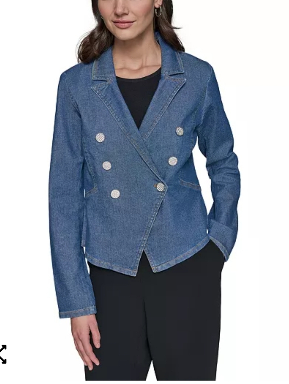 Karl Lagerfeld Blue Double-Breasted Denim Blazer With Rhinestone Buttons
